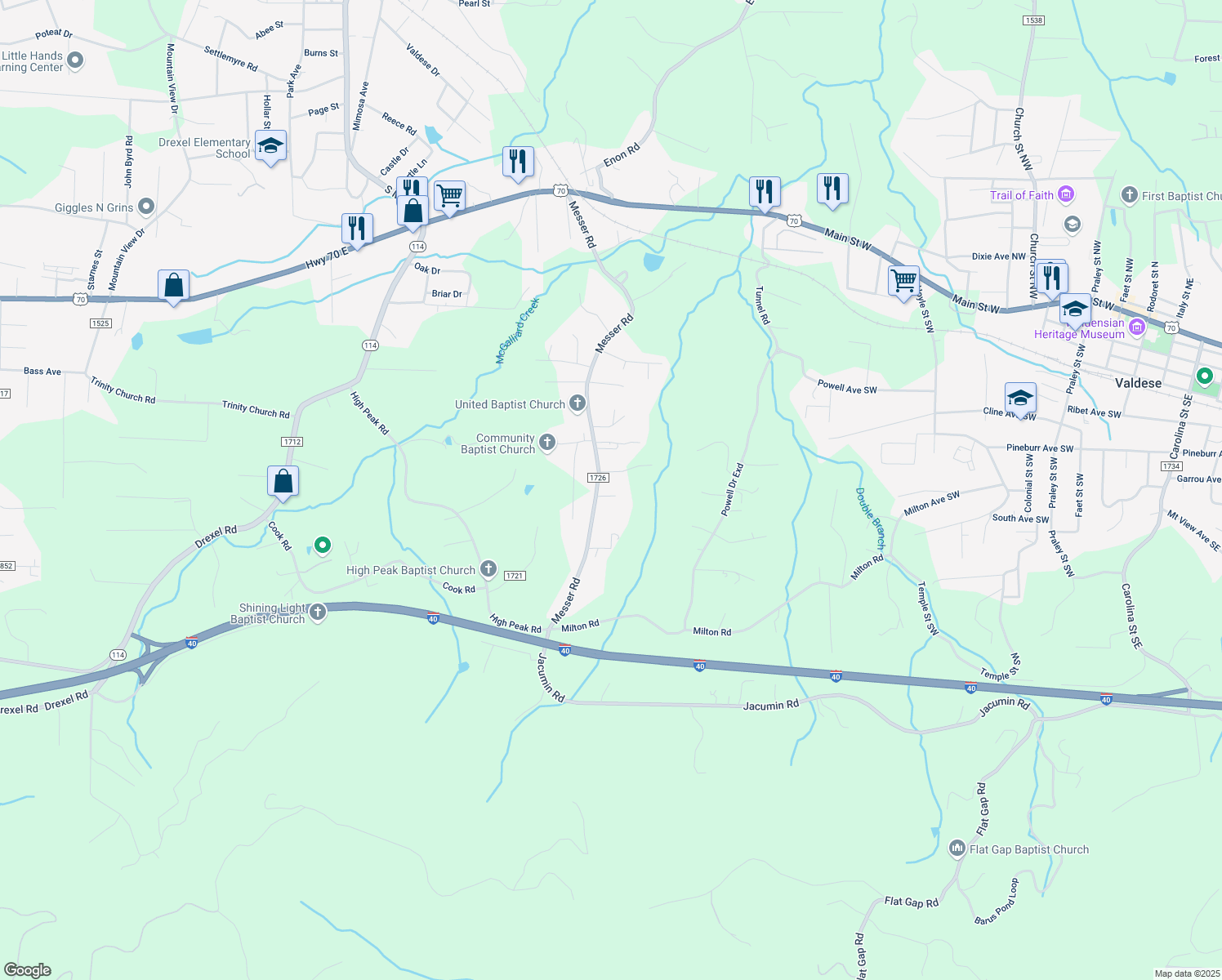 map of restaurants, bars, coffee shops, grocery stores, and more near 2763 Messer Road in Valdese