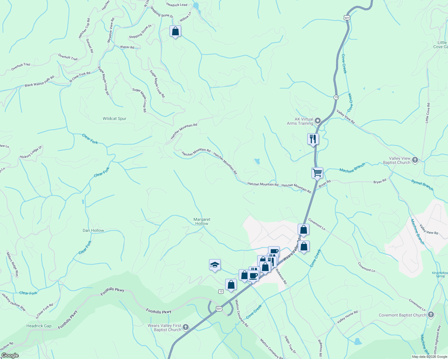 map of restaurants, bars, coffee shops, grocery stores, and more near 1890 Natures Lane in Sevierville