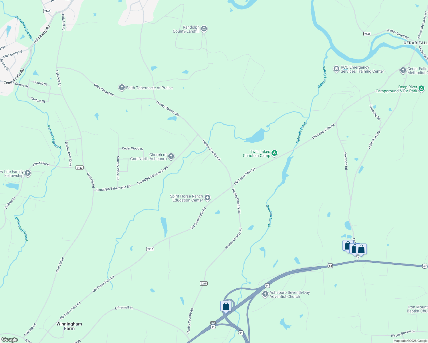map of restaurants, bars, coffee shops, grocery stores, and more near 1043 Henley Country Road in Randleman