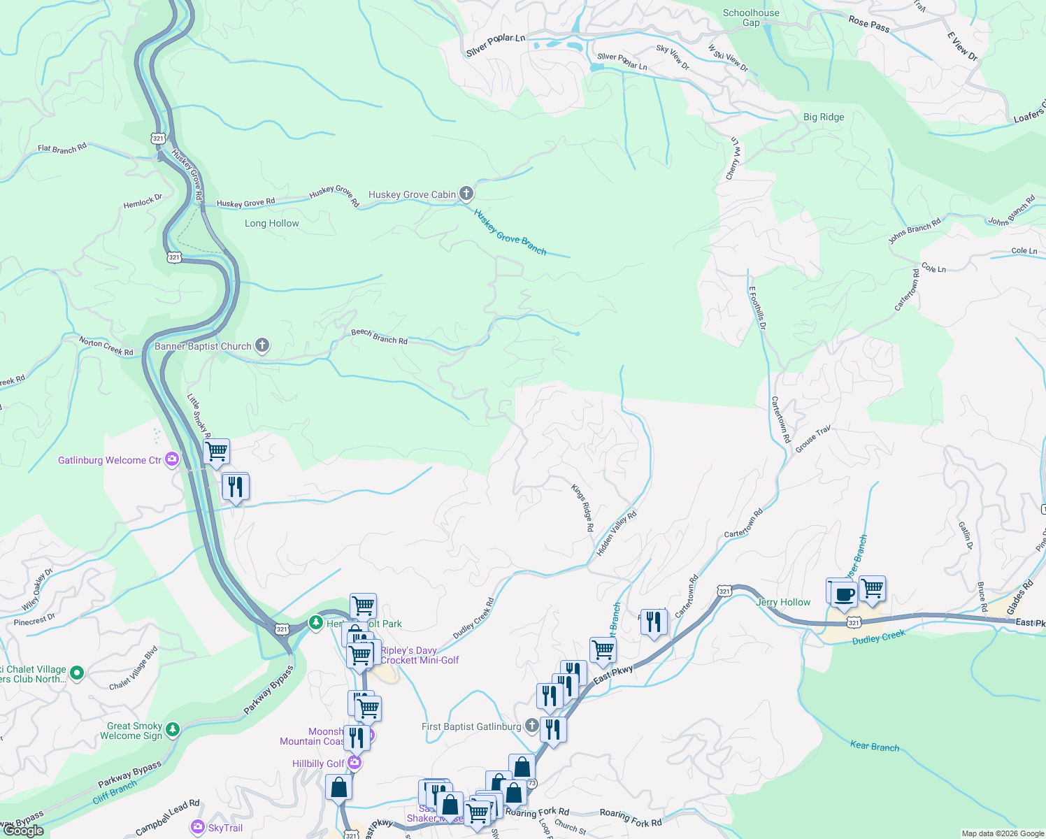 map of restaurants, bars, coffee shops, grocery stores, and more near 801 Kings Way in Gatlinburg