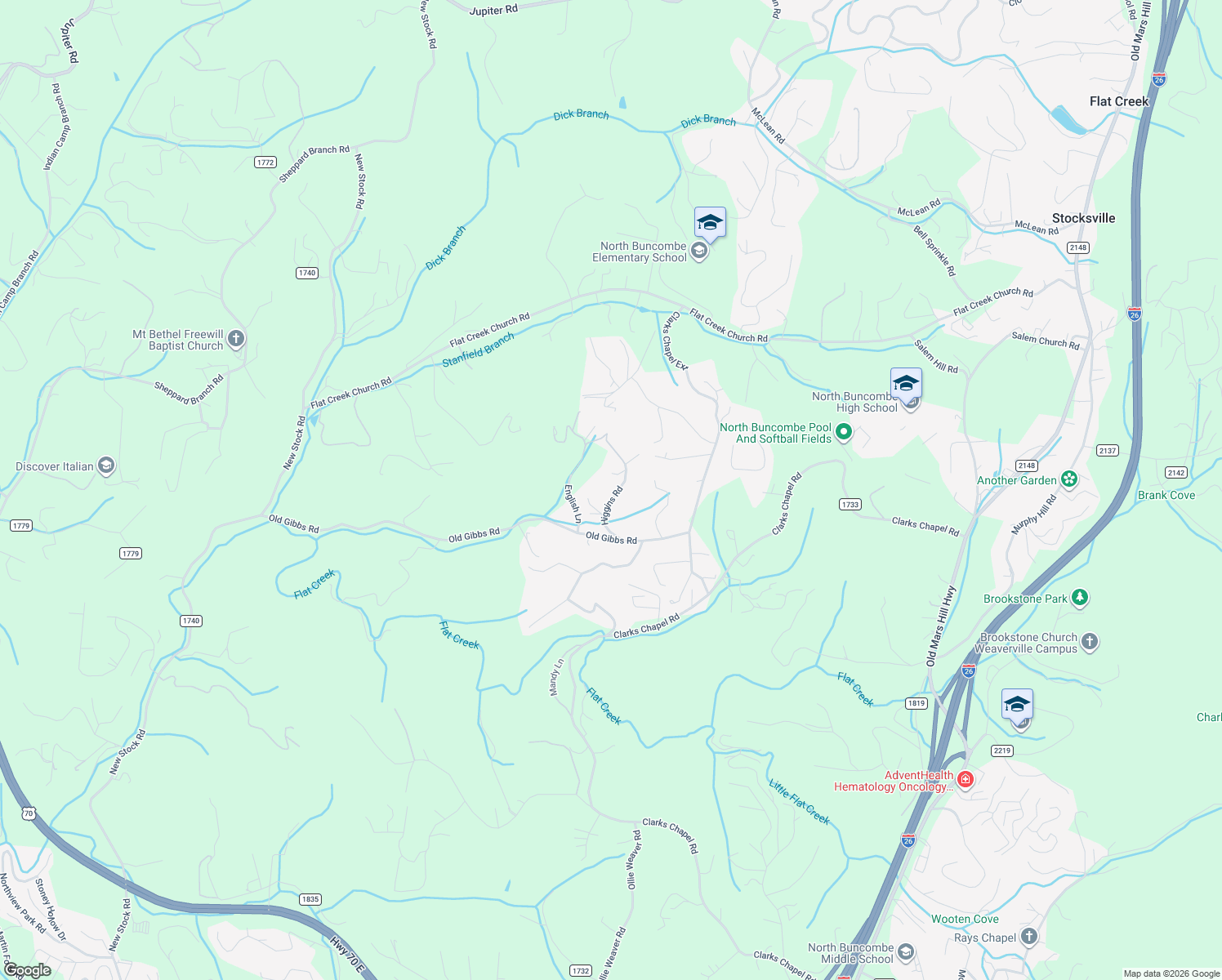 map of restaurants, bars, coffee shops, grocery stores, and more near 22 Higgins Road in Weaverville