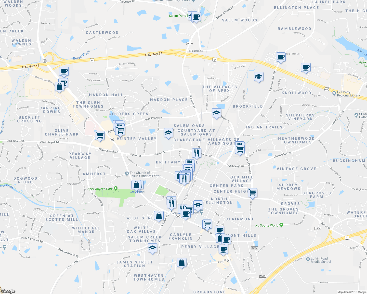 map of restaurants, bars, coffee shops, grocery stores, and more near 212 Hunter Street in Apex