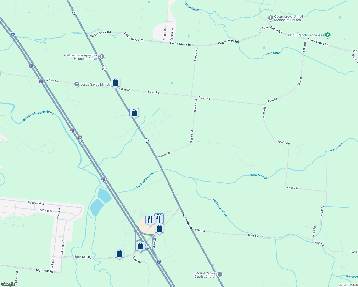 map of restaurants, bars, coffee shops, grocery stores, and more near 7732 Hughes Rd in Murfreesboro