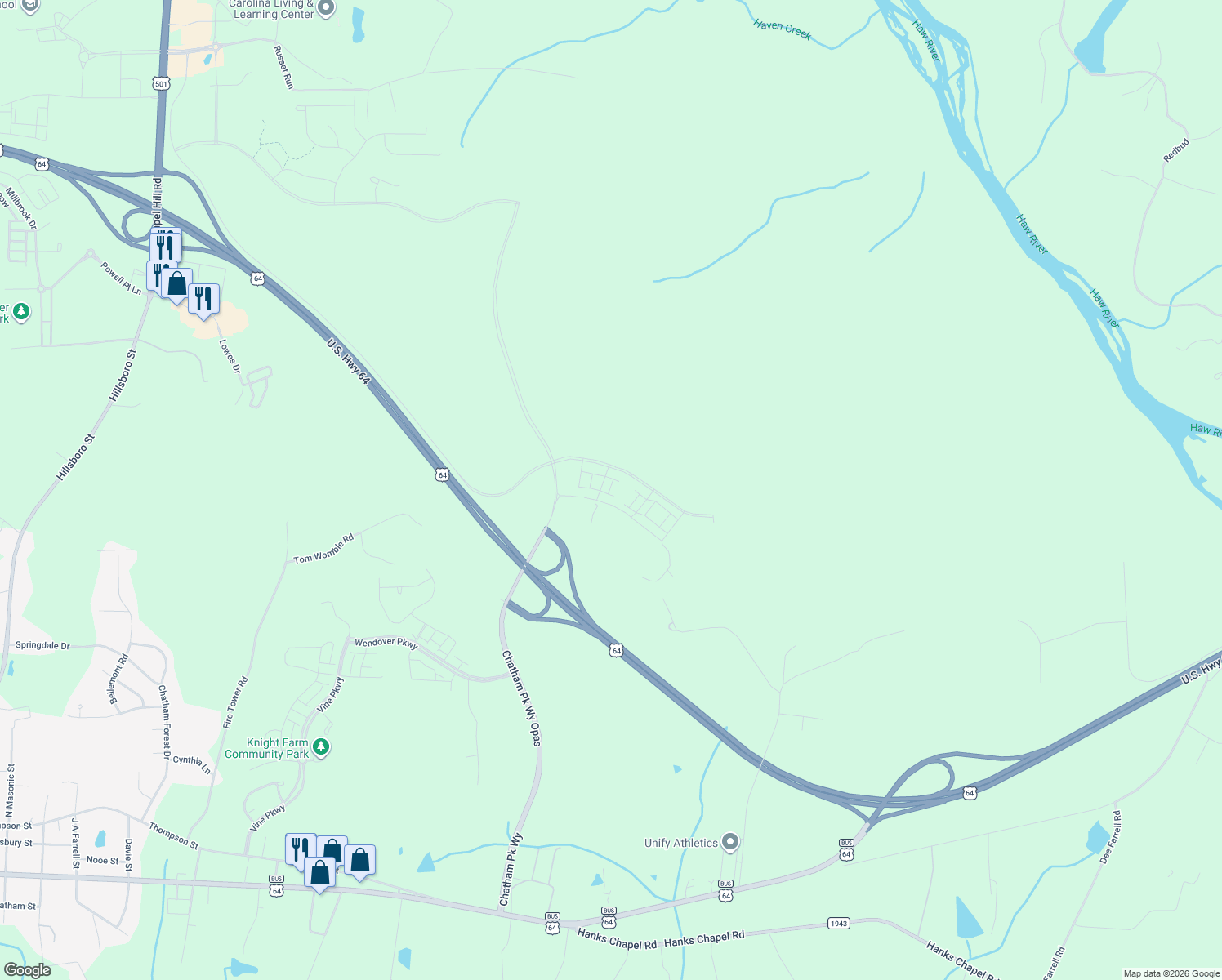 map of restaurants, bars, coffee shops, grocery stores, and more near in Pittsboro