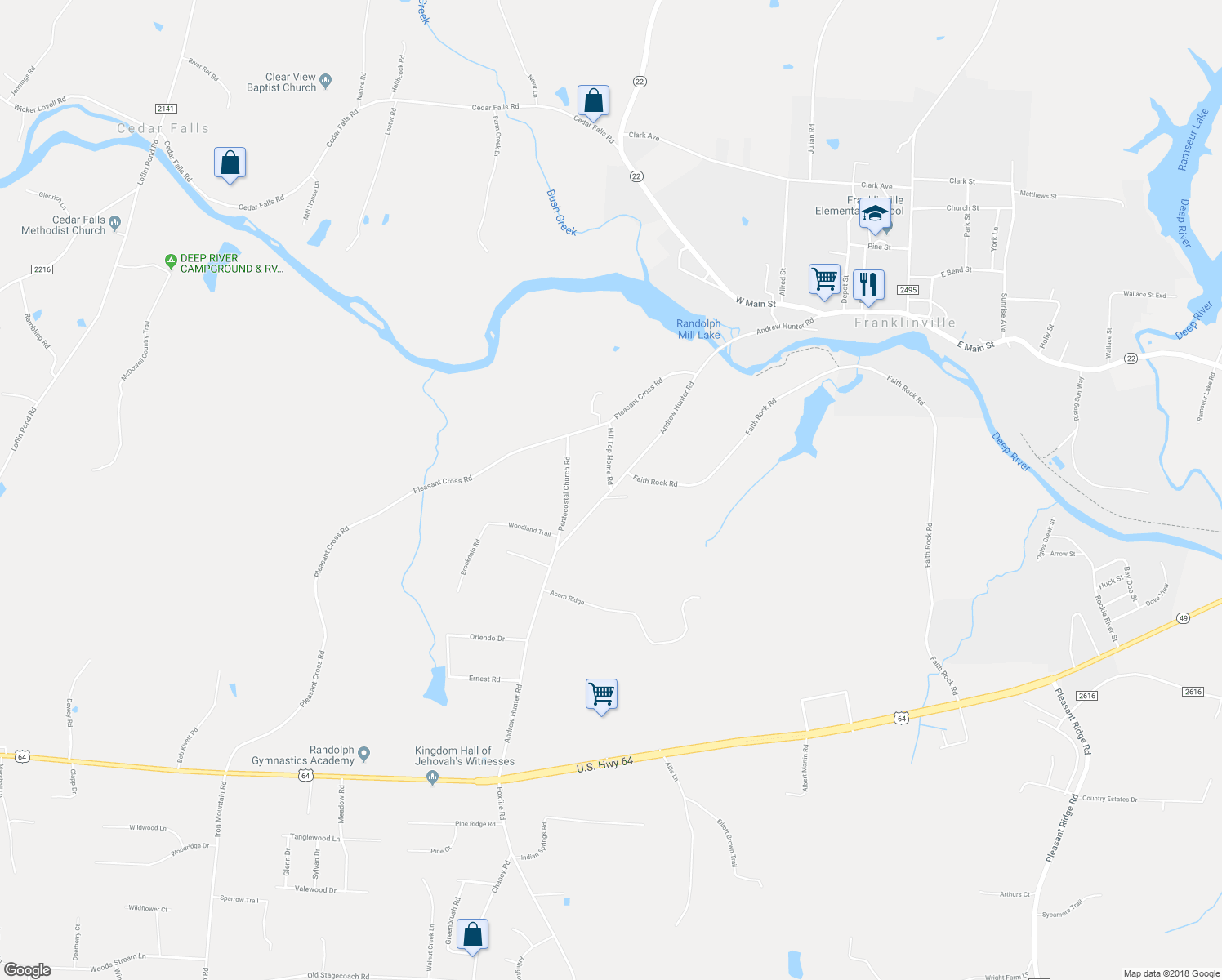 map of restaurants, bars, coffee shops, grocery stores, and more near Andrew Hunter Road in Franklinville