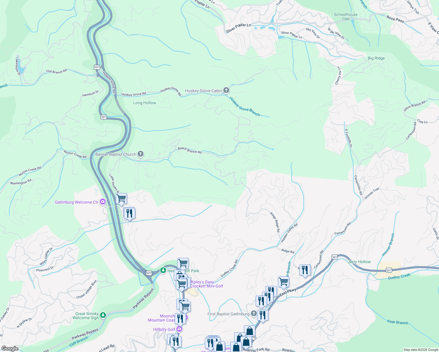 map of restaurants, bars, coffee shops, grocery stores, and more near 454 West Kings Ridge Lane in Gatlinburg