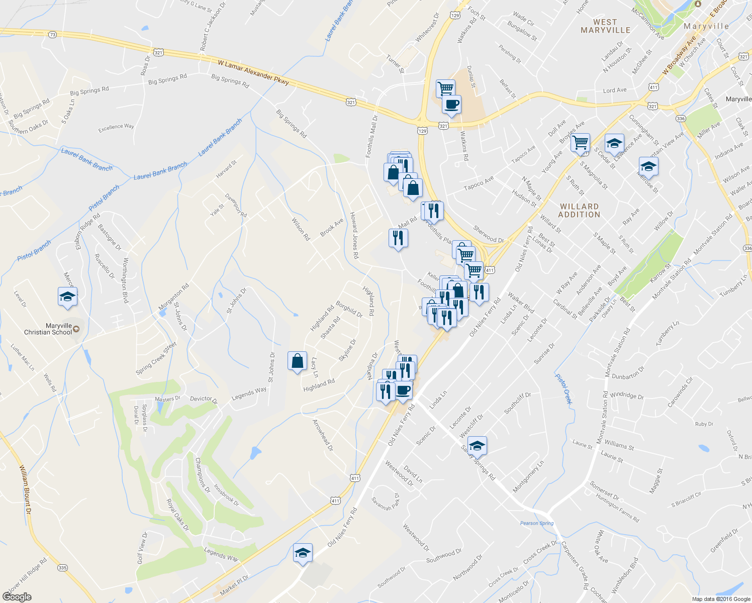 map of restaurants, bars, coffee shops, grocery stores, and more near 2214 Highland Road in Maryville