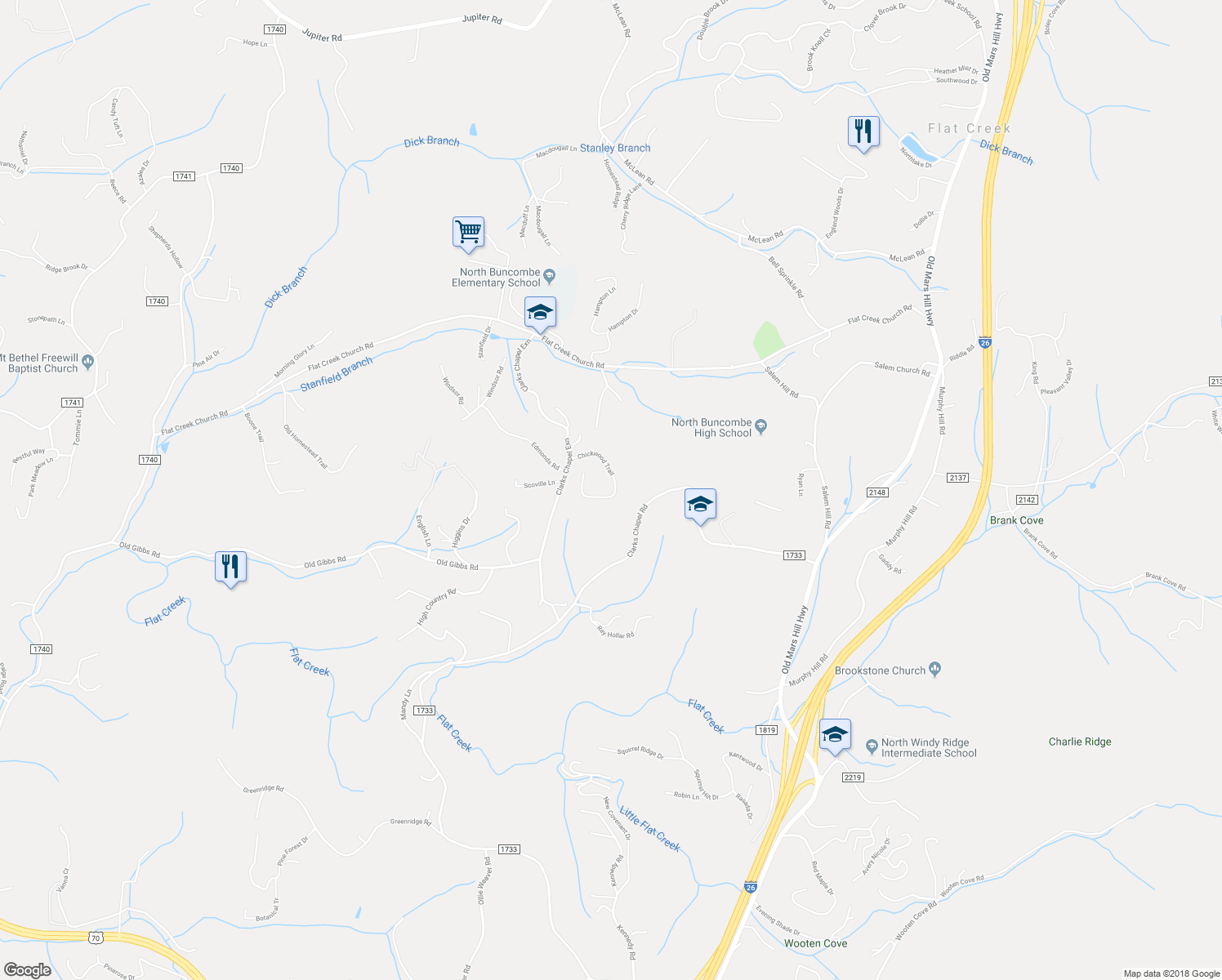 map of restaurants, bars, coffee shops, grocery stores, and more near 45 Chickwood Trail in Weaverville