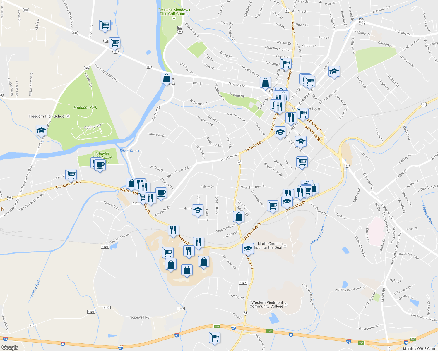 map of restaurants, bars, coffee shops, grocery stores, and more near 120A/D Asheville St in Morganton