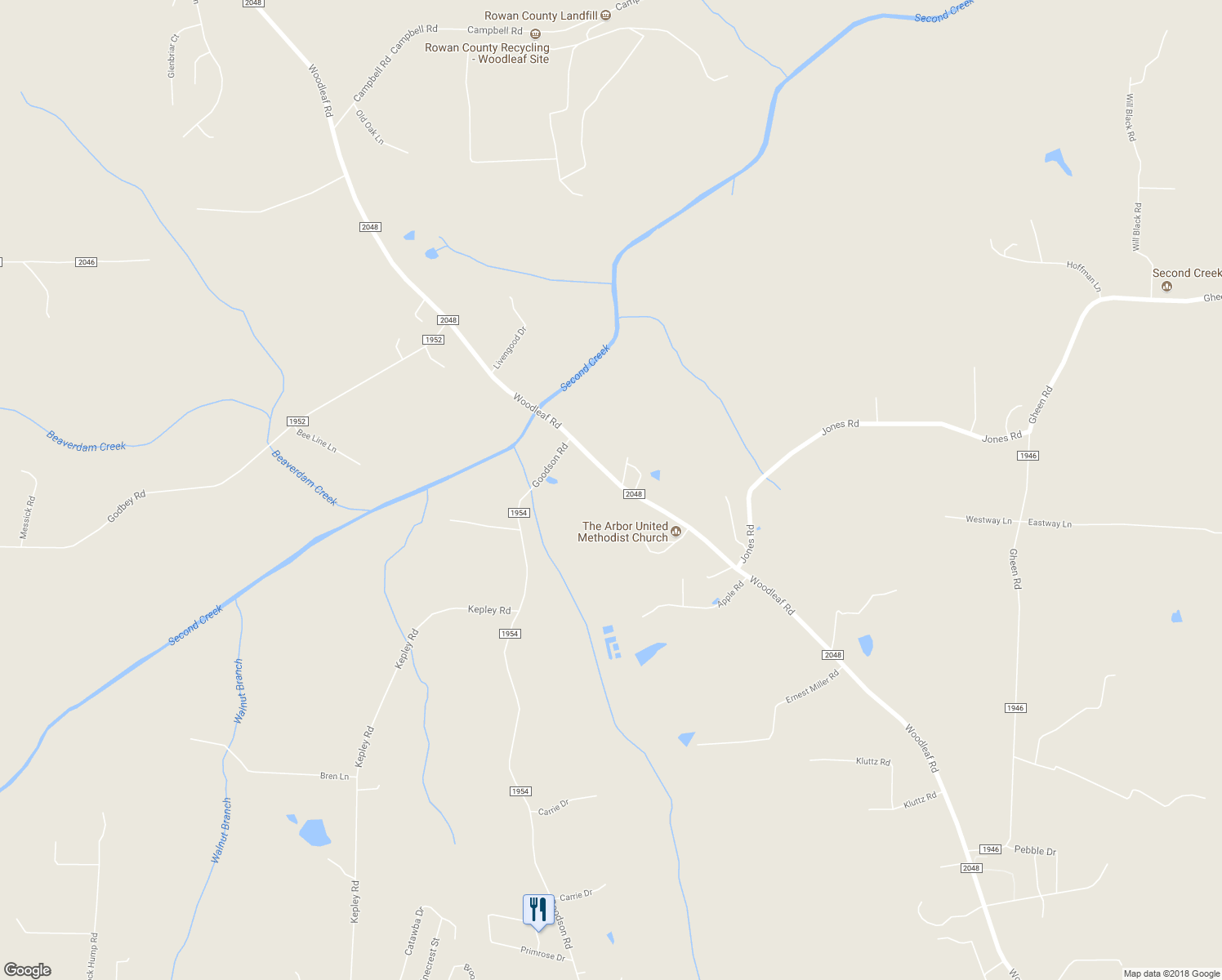 map of restaurants, bars, coffee shops, grocery stores, and more near 5745 Woodleaf Road in Salisbury