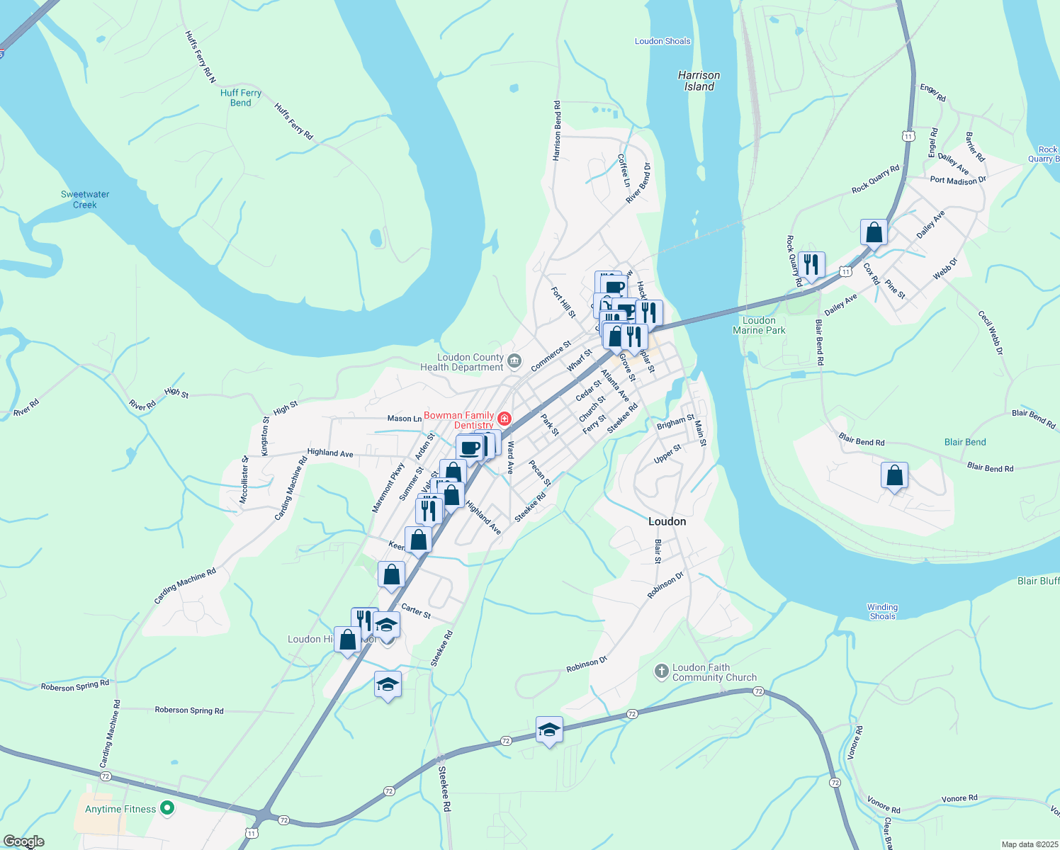 map of restaurants, bars, coffee shops, grocery stores, and more near 709 Mulberry Street in Loudon
