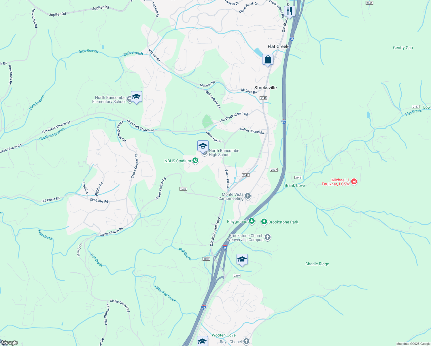 map of restaurants, bars, coffee shops, grocery stores, and more near 11 Ryan Ln in Weaverville