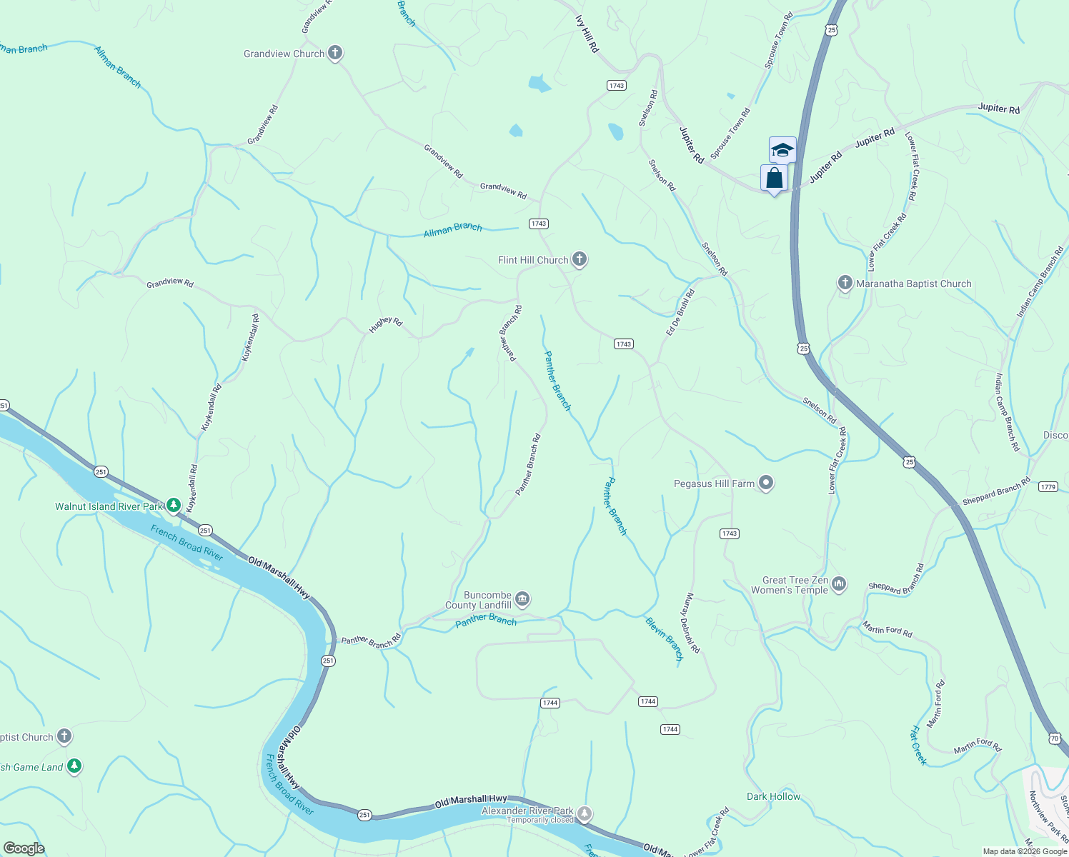 map of restaurants, bars, coffee shops, grocery stores, and more near 452a Panther Branch Road in Alexander