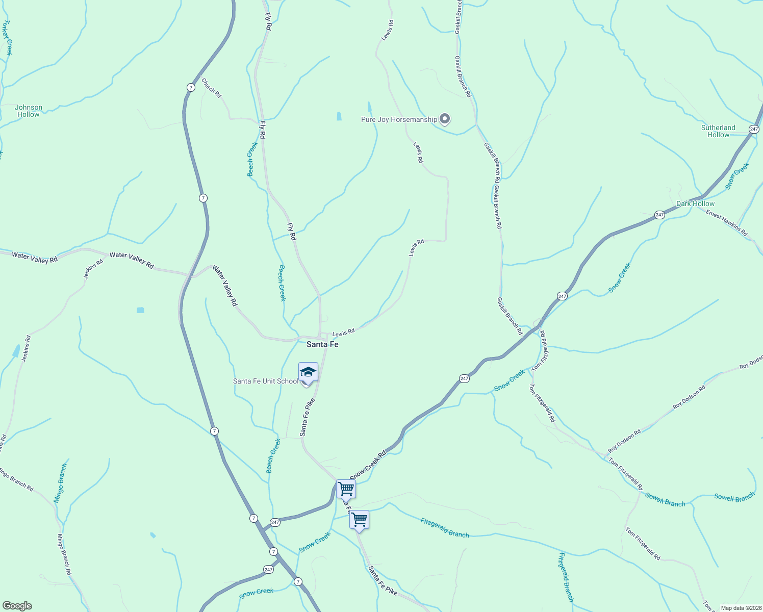 map of restaurants, bars, coffee shops, grocery stores, and more near 2761 Lewis Road in Santa Fe