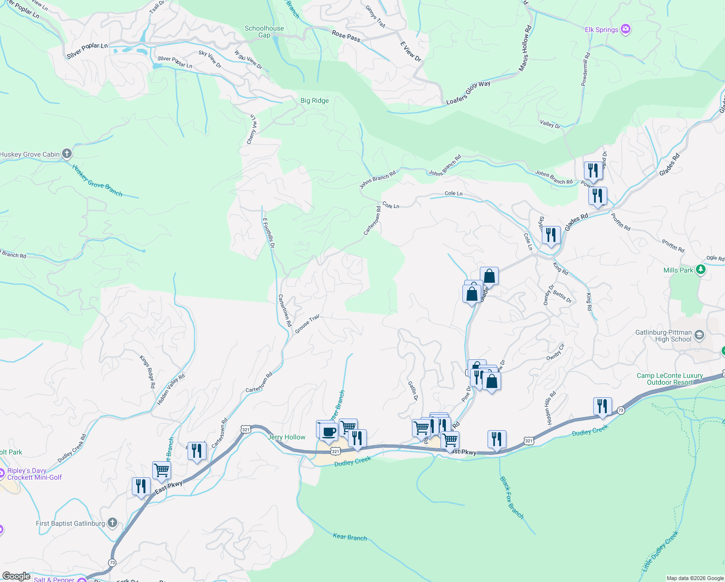 map of restaurants, bars, coffee shops, grocery stores, and more near 808 High Mountain Way in Gatlinburg