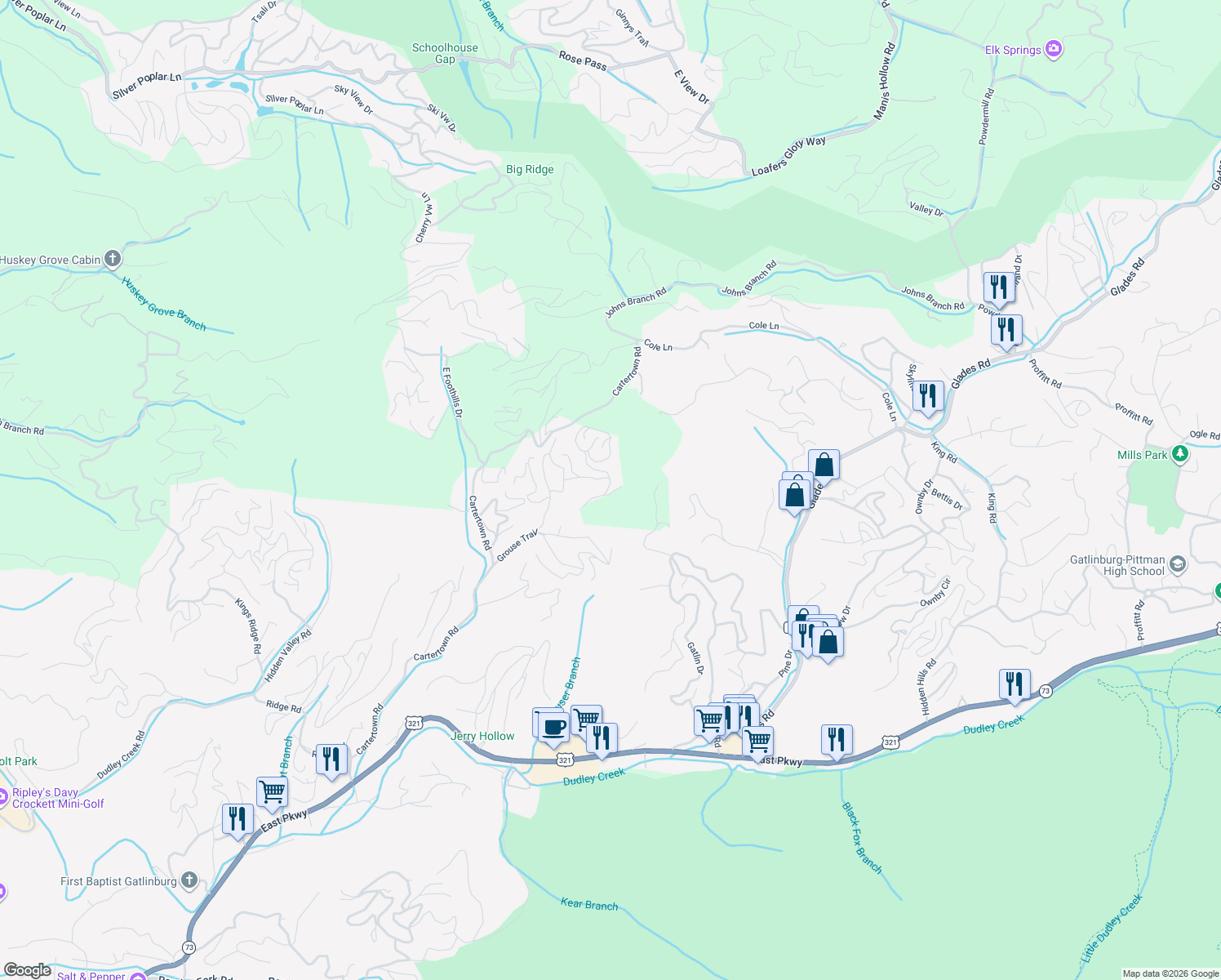 map of restaurants, bars, coffee shops, grocery stores, and more near 766 High Mountain Way in Gatlinburg