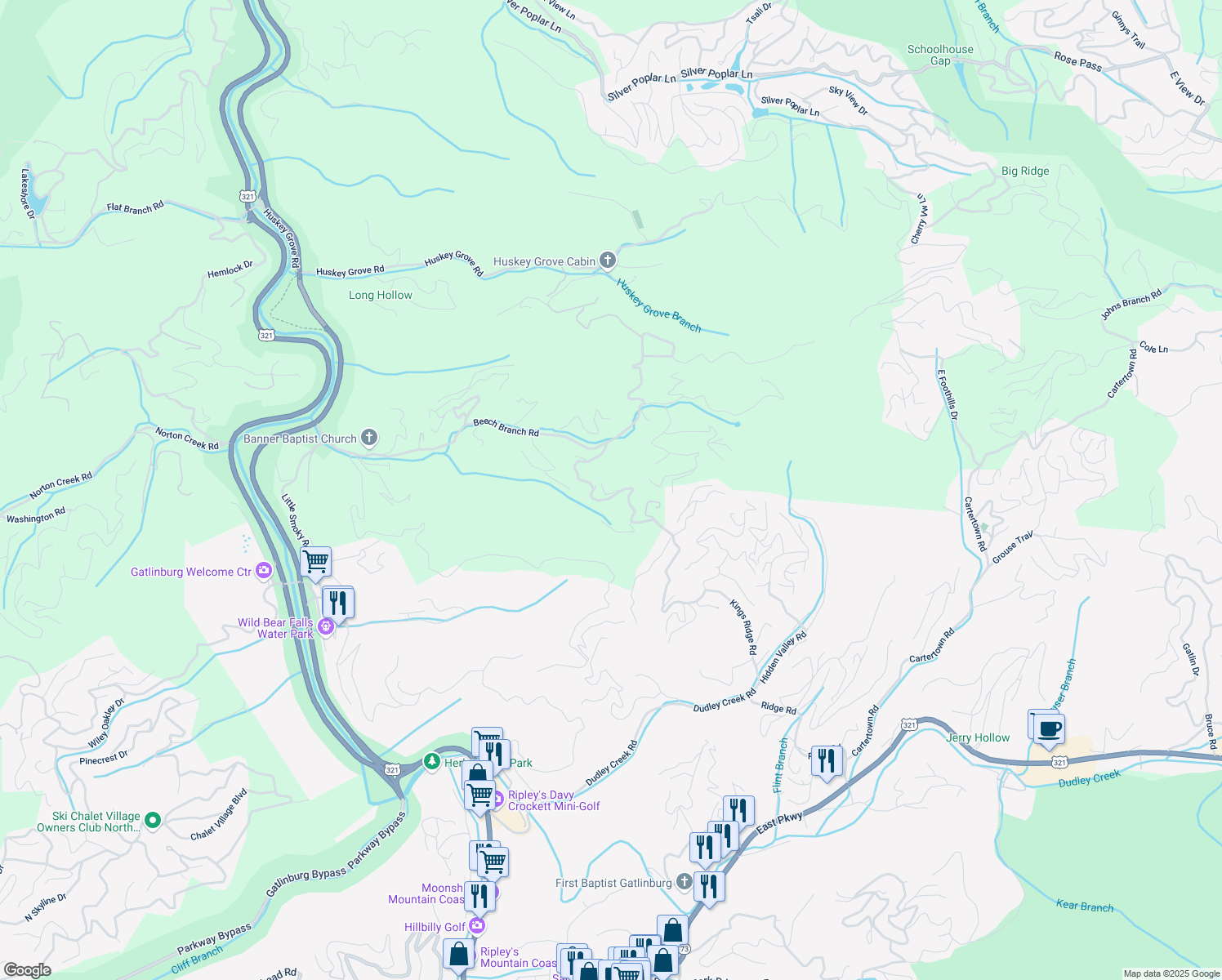 map of restaurants, bars, coffee shops, grocery stores, and more near 1040 East Kings Ridge Road in Gatlinburg