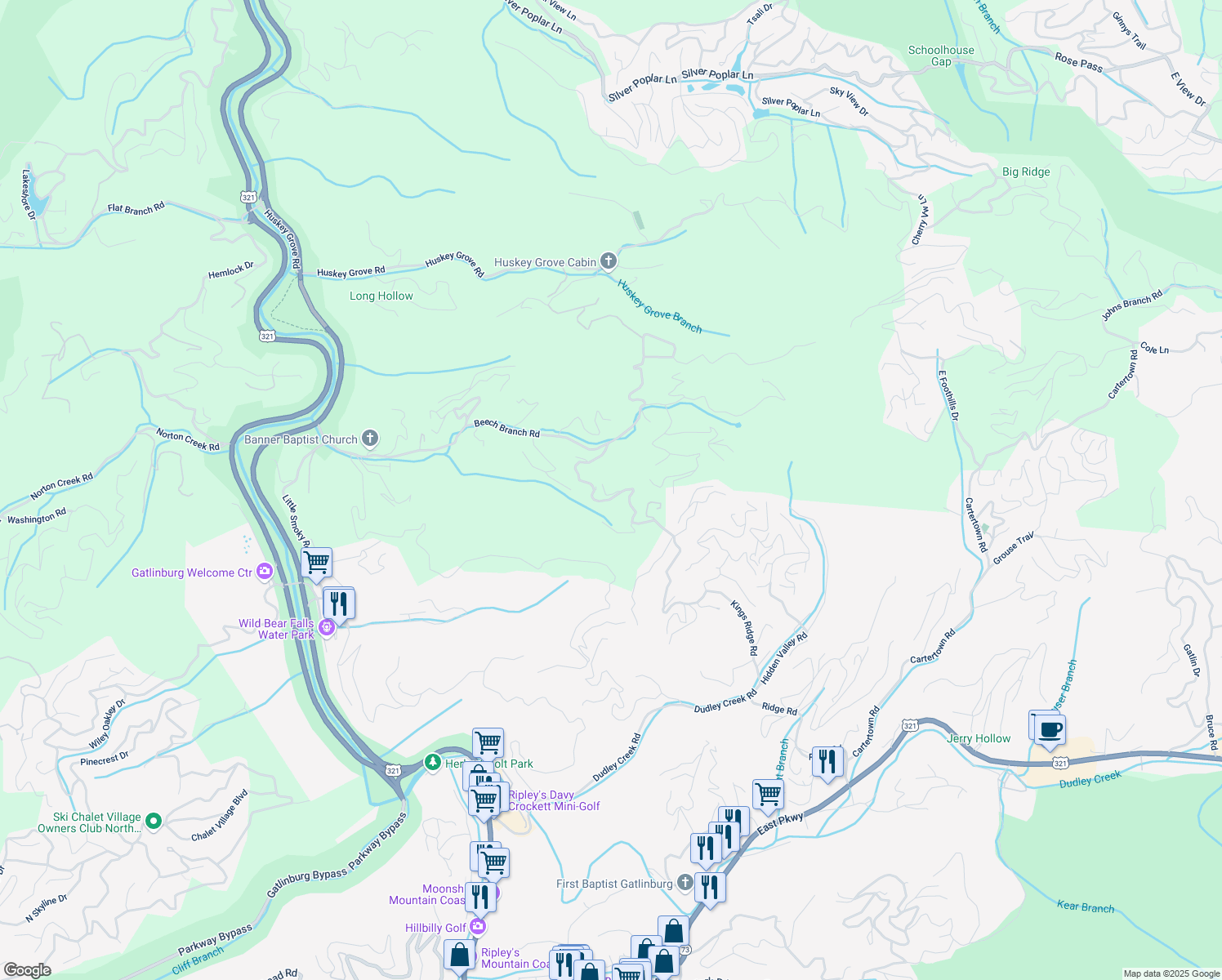 map of restaurants, bars, coffee shops, grocery stores, and more near 1040 East Kings Ridge Road in Gatlinburg