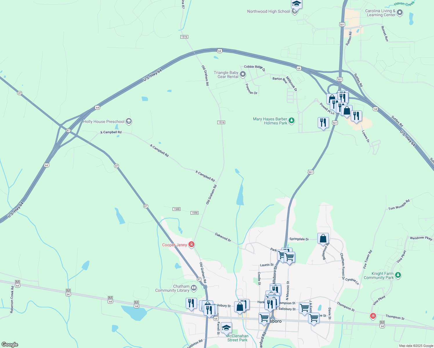 map of restaurants, bars, coffee shops, grocery stores, and more near 1205 Old Graham Road in Pittsboro