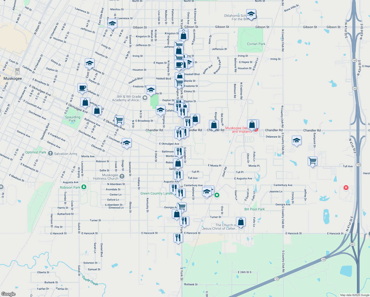 map of restaurants, bars, coffee shops, grocery stores, and more near 121 South Camden Street in Muskogee