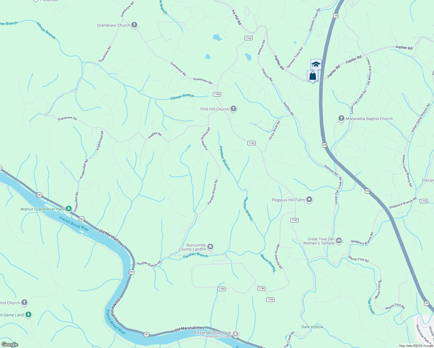 map of restaurants, bars, coffee shops, grocery stores, and more near 452a Panther Branch Road in Alexander