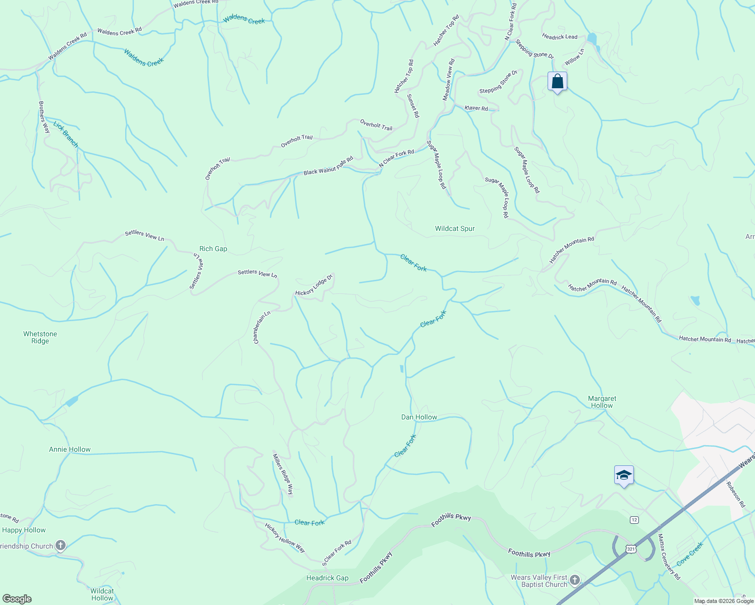 map of restaurants, bars, coffee shops, grocery stores, and more near 2838 White Oak Ridge Lane in Sevierville