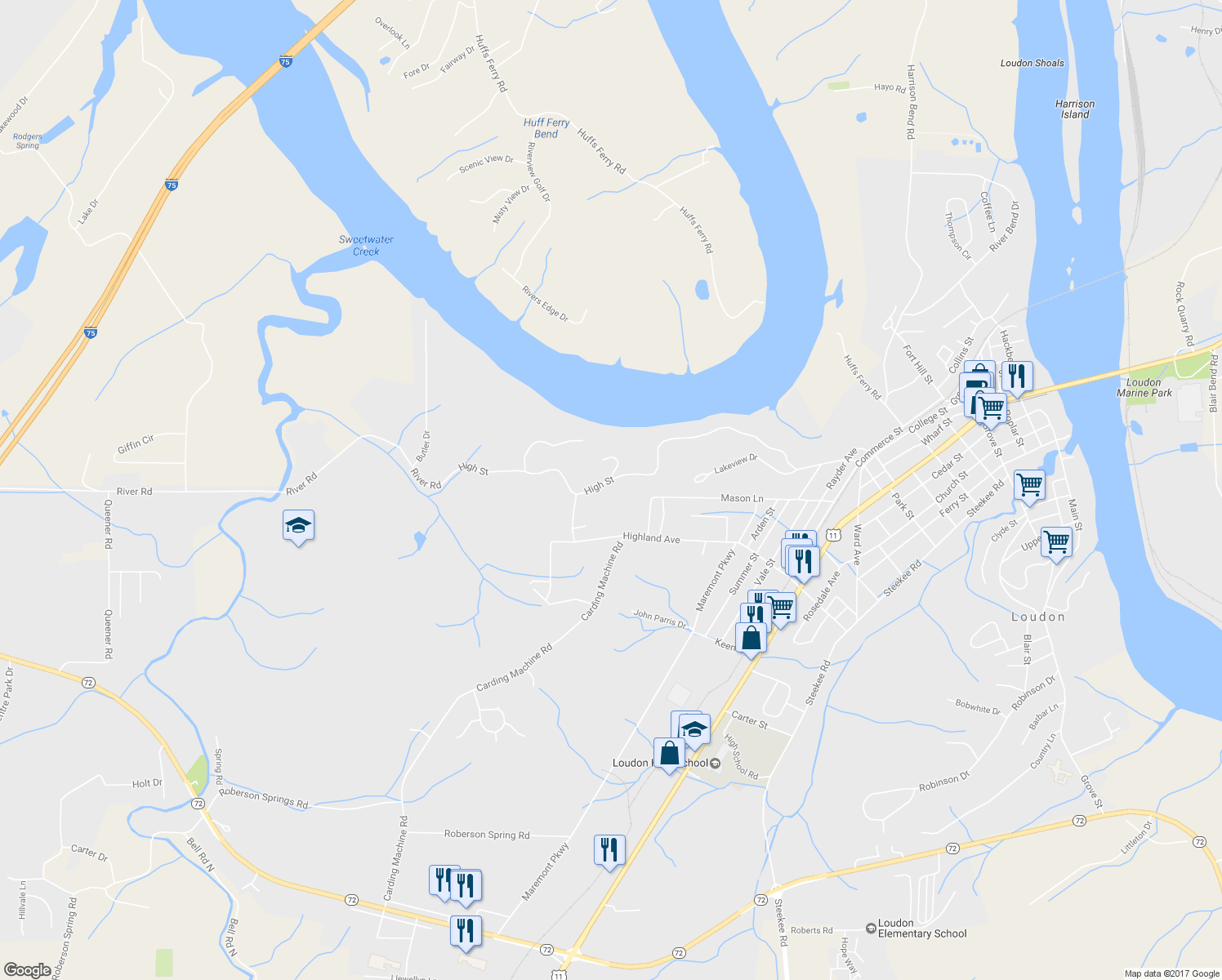 map of restaurants, bars, coffee shops, grocery stores, and more near 551 River Road in Loudon