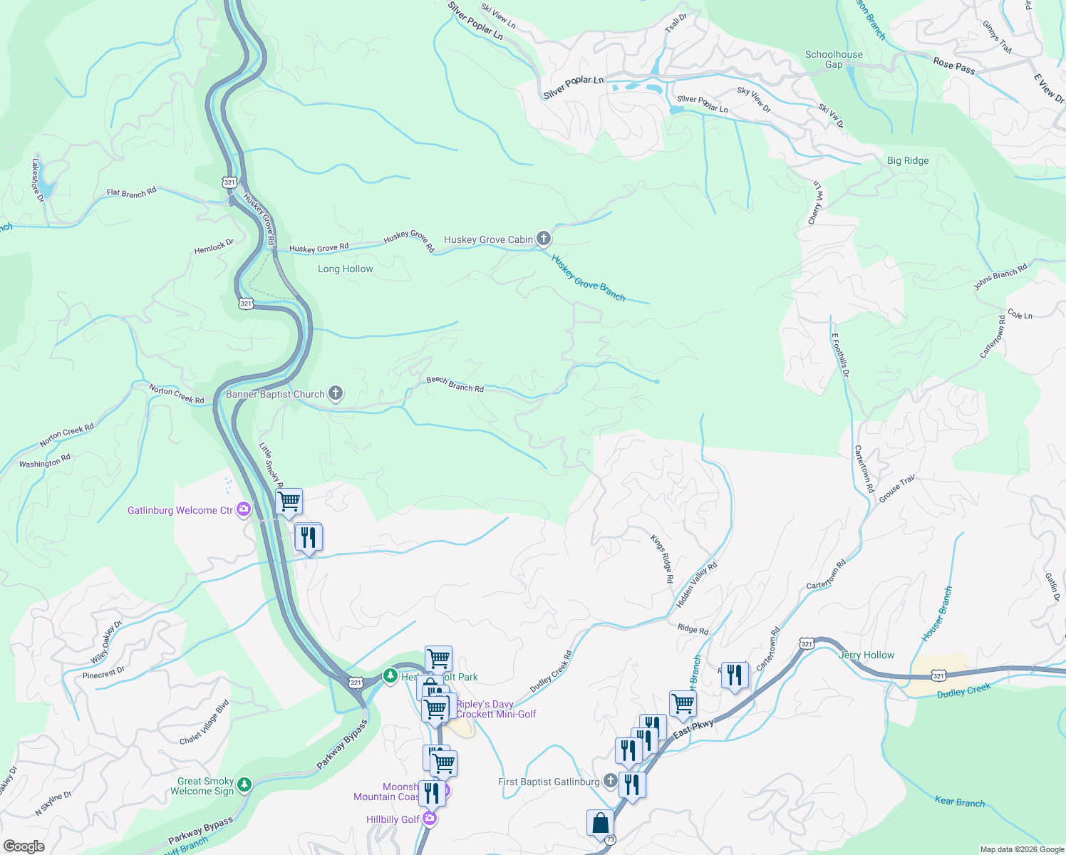 map of restaurants, bars, coffee shops, grocery stores, and more near 1118 East Kings Ridge Road in Gatlinburg
