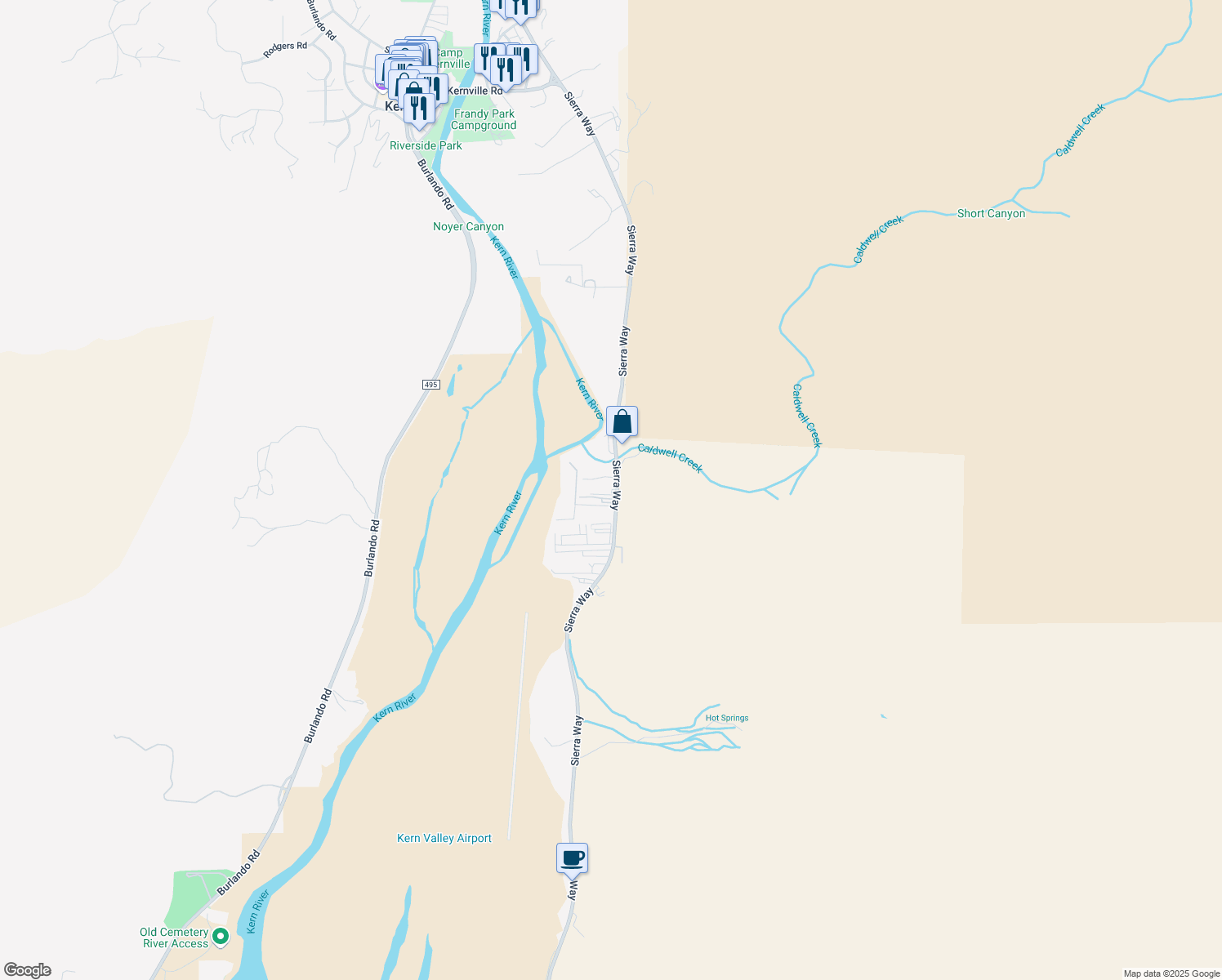 map of restaurants, bars, coffee shops, grocery stores, and more near 12036 Sierra Way in Kernville