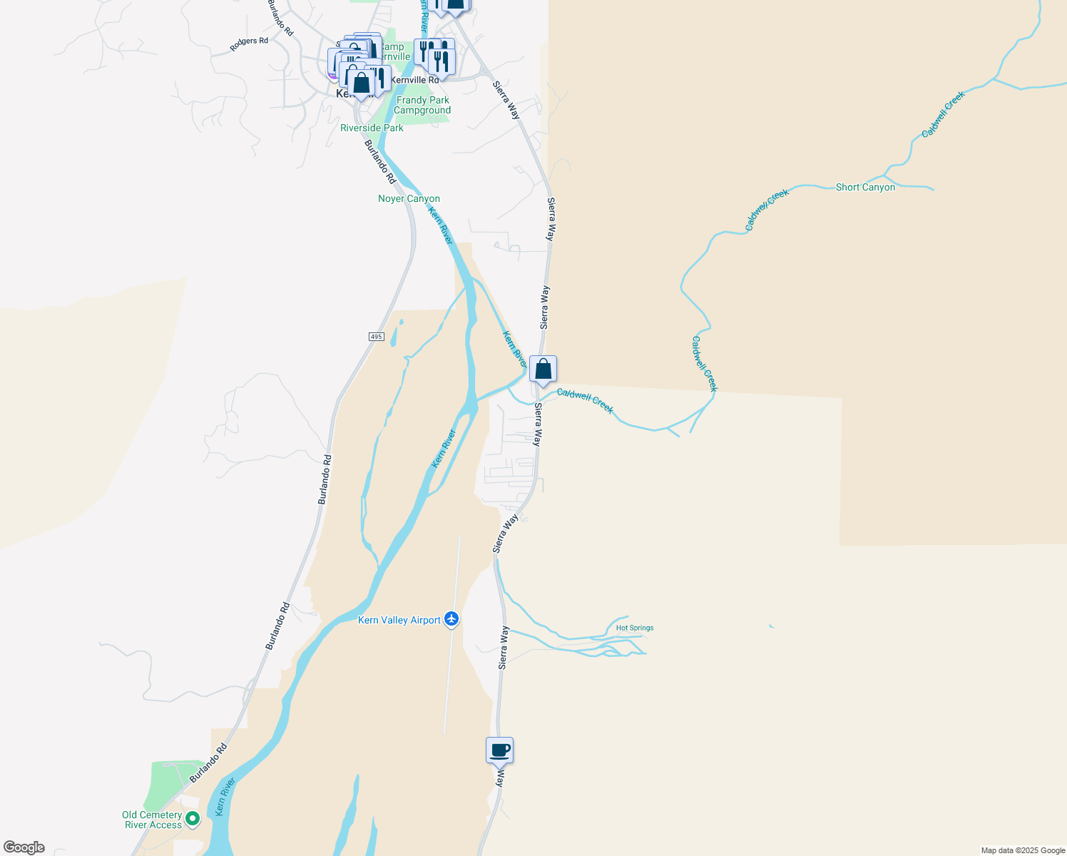 map of restaurants, bars, coffee shops, grocery stores, and more near 12041 Sierra Way in Kernville