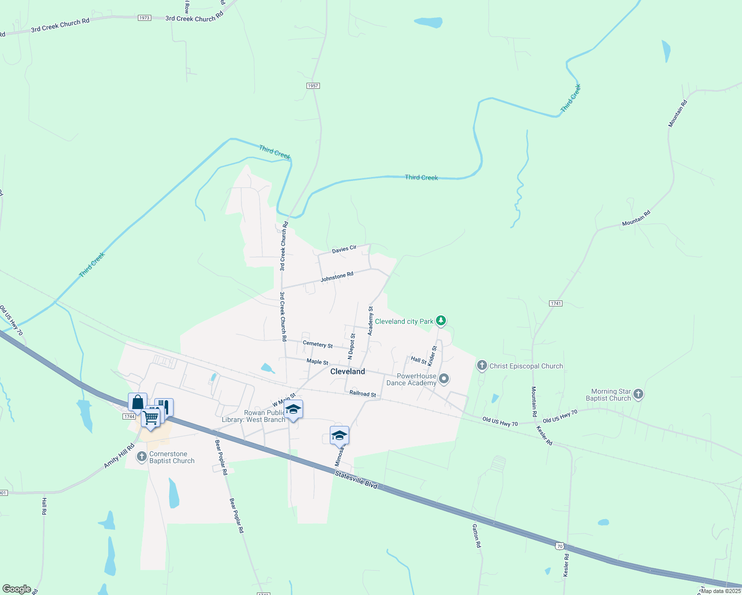 map of restaurants, bars, coffee shops, grocery stores, and more near 401 Academy St in Cleveland