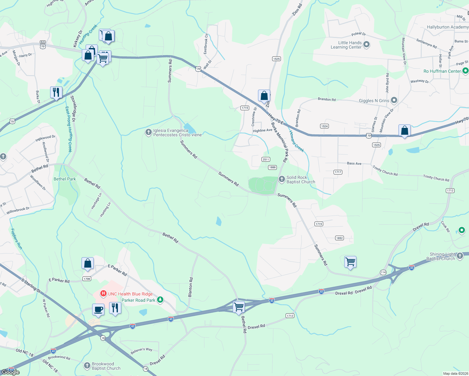map of restaurants, bars, coffee shops, grocery stores, and more near 404 Summers Road in Morganton