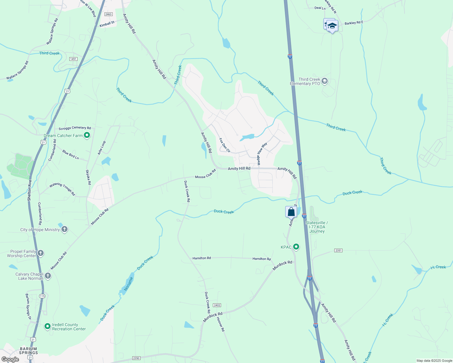 map of restaurants, bars, coffee shops, grocery stores, and more near 2500 Amity Hill Road in Statesville