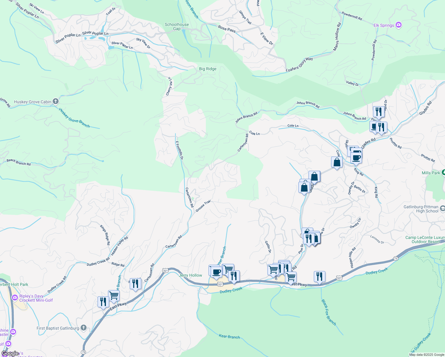 map of restaurants, bars, coffee shops, grocery stores, and more near 615 Cub Path Way in Gatlinburg