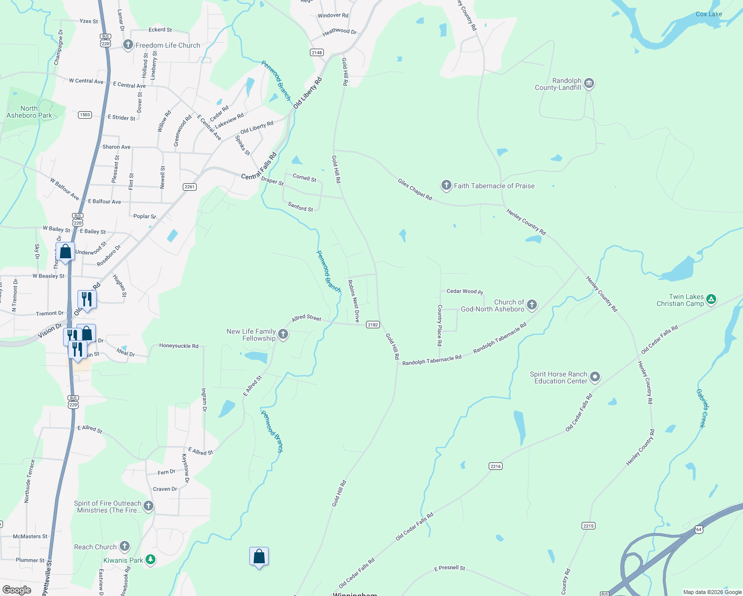 map of restaurants, bars, coffee shops, grocery stores, and more near 1646 Johnnys Way in Asheboro