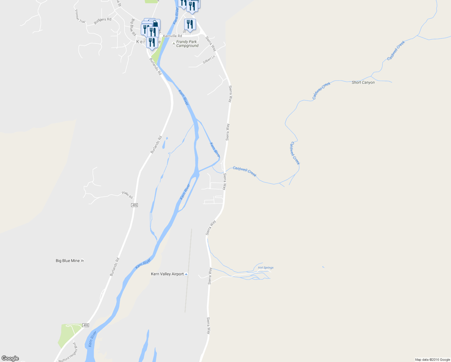 map of restaurants, bars, coffee shops, grocery stores, and more near 12016 Sierra Way in Kernville