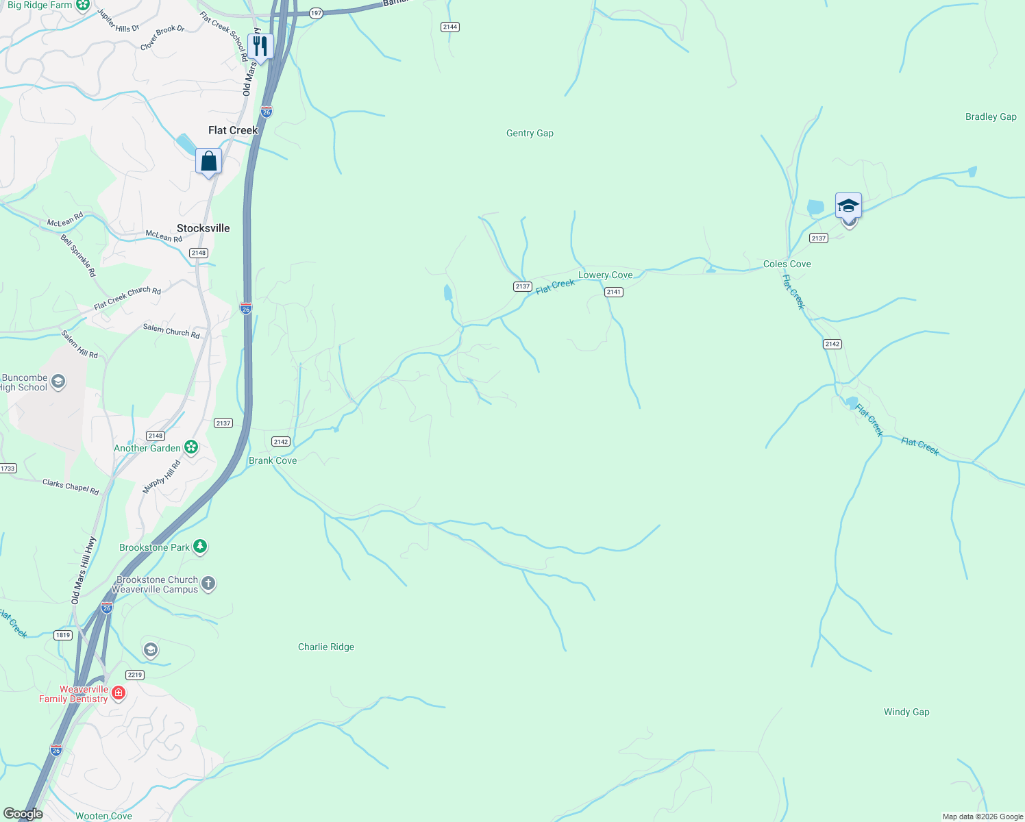 map of restaurants, bars, coffee shops, grocery stores, and more near 74 Chambers Road in Weaverville