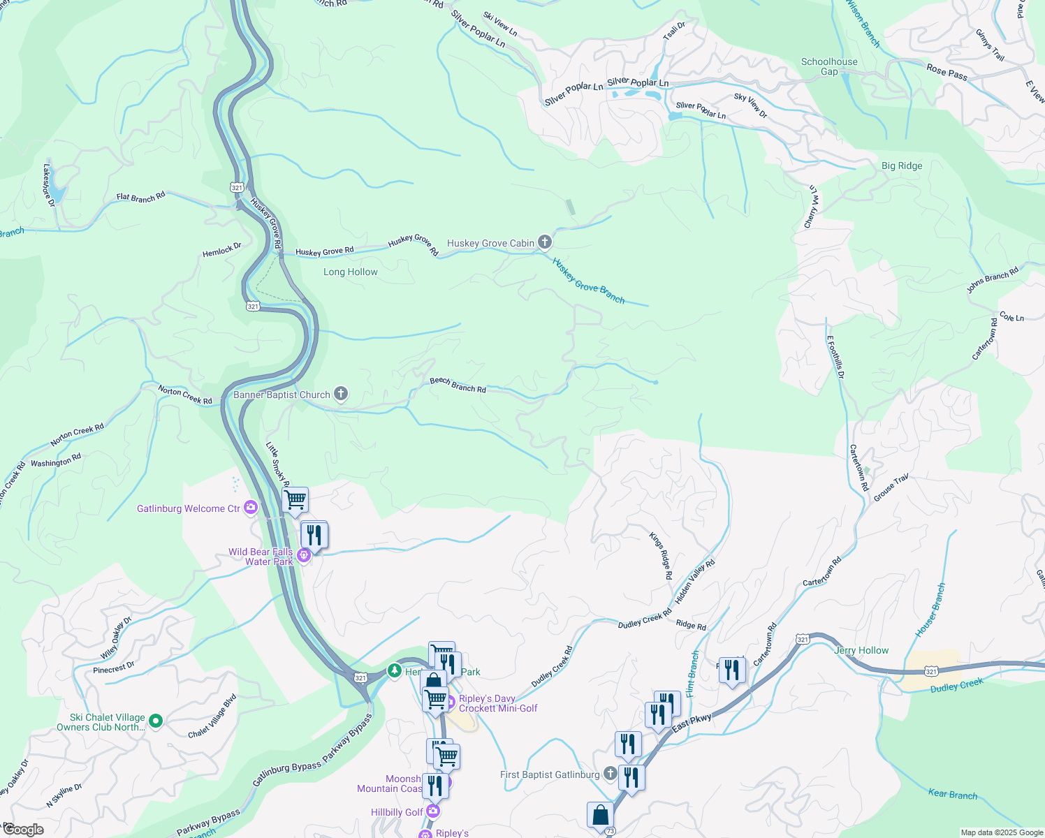 map of restaurants, bars, coffee shops, grocery stores, and more near 1157 East Kings Ridge Road in Gatlinburg