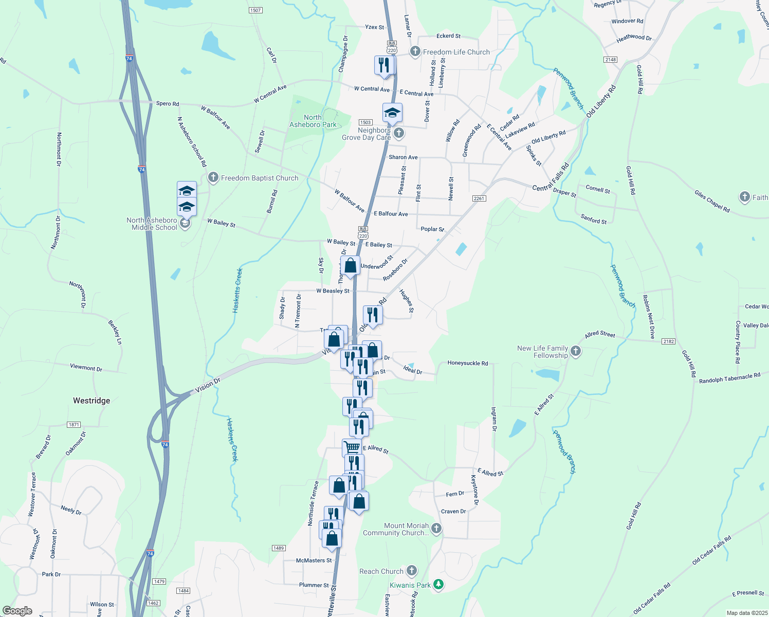 map of restaurants, bars, coffee shops, grocery stores, and more near 209 Hughes Street in Asheboro