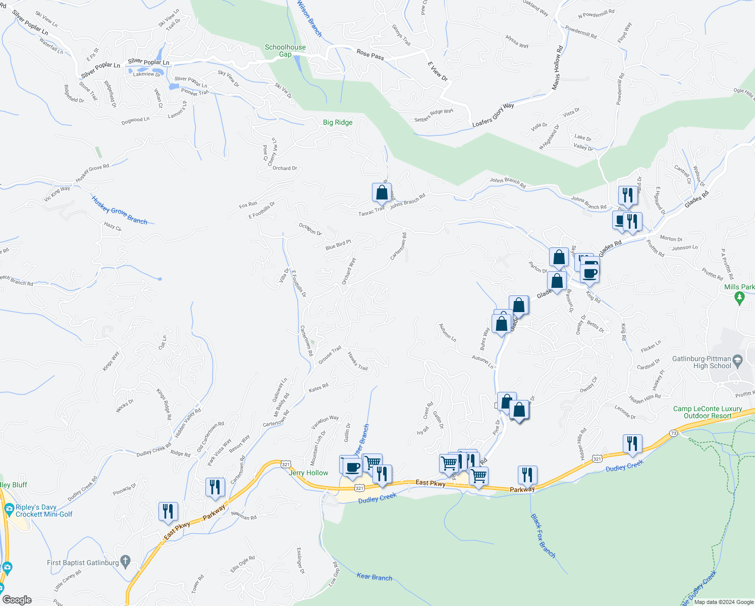 map of restaurants, bars, coffee shops, grocery stores, and more near 971 High Mountain Way in Gatlinburg