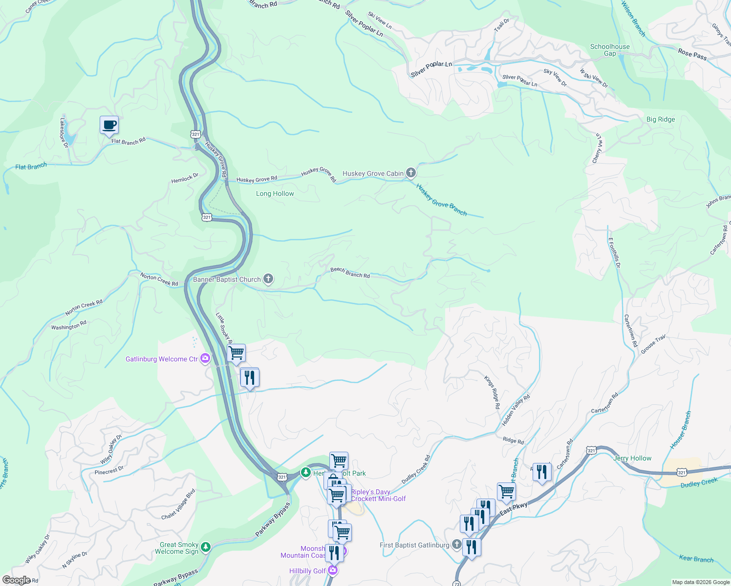 map of restaurants, bars, coffee shops, grocery stores, and more near 314 Beech Ridge Lane in Gatlinburg