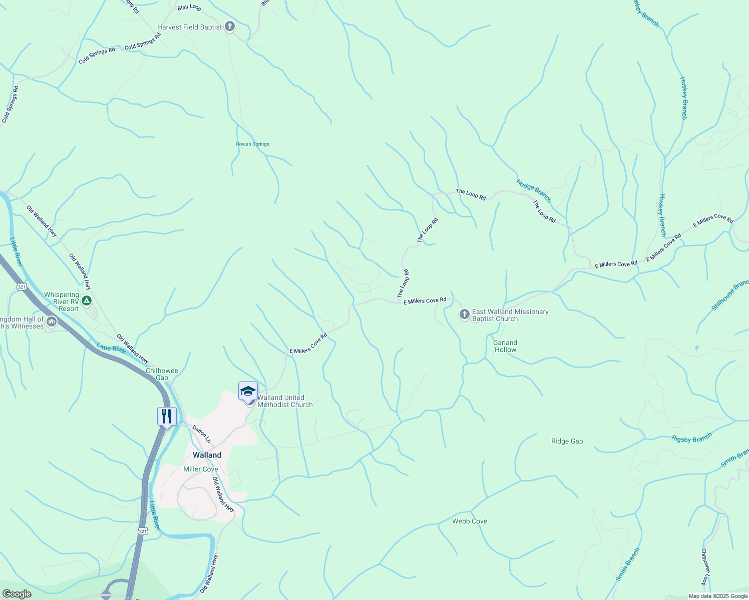 map of restaurants, bars, coffee shops, grocery stores, and more near 723 E Millers Cove Rd in Walland