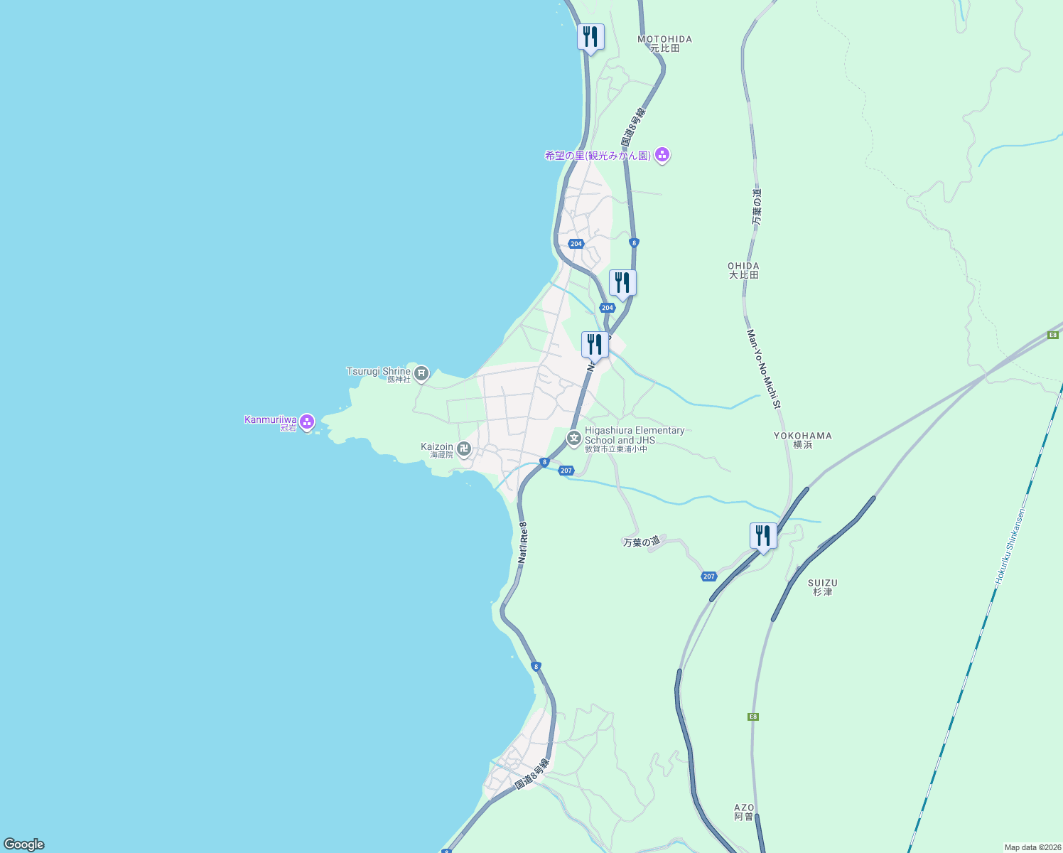 map of restaurants, bars, coffee shops, grocery stores, and more near in Tsuruga