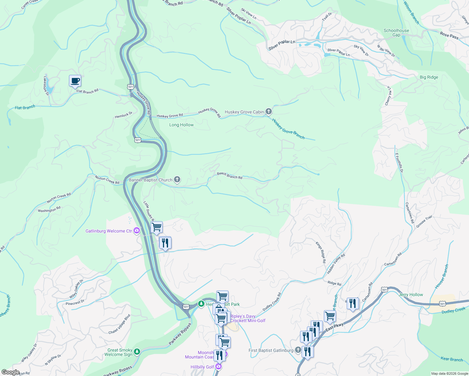map of restaurants, bars, coffee shops, grocery stores, and more near 314 Beech Ridge Lane in Gatlinburg