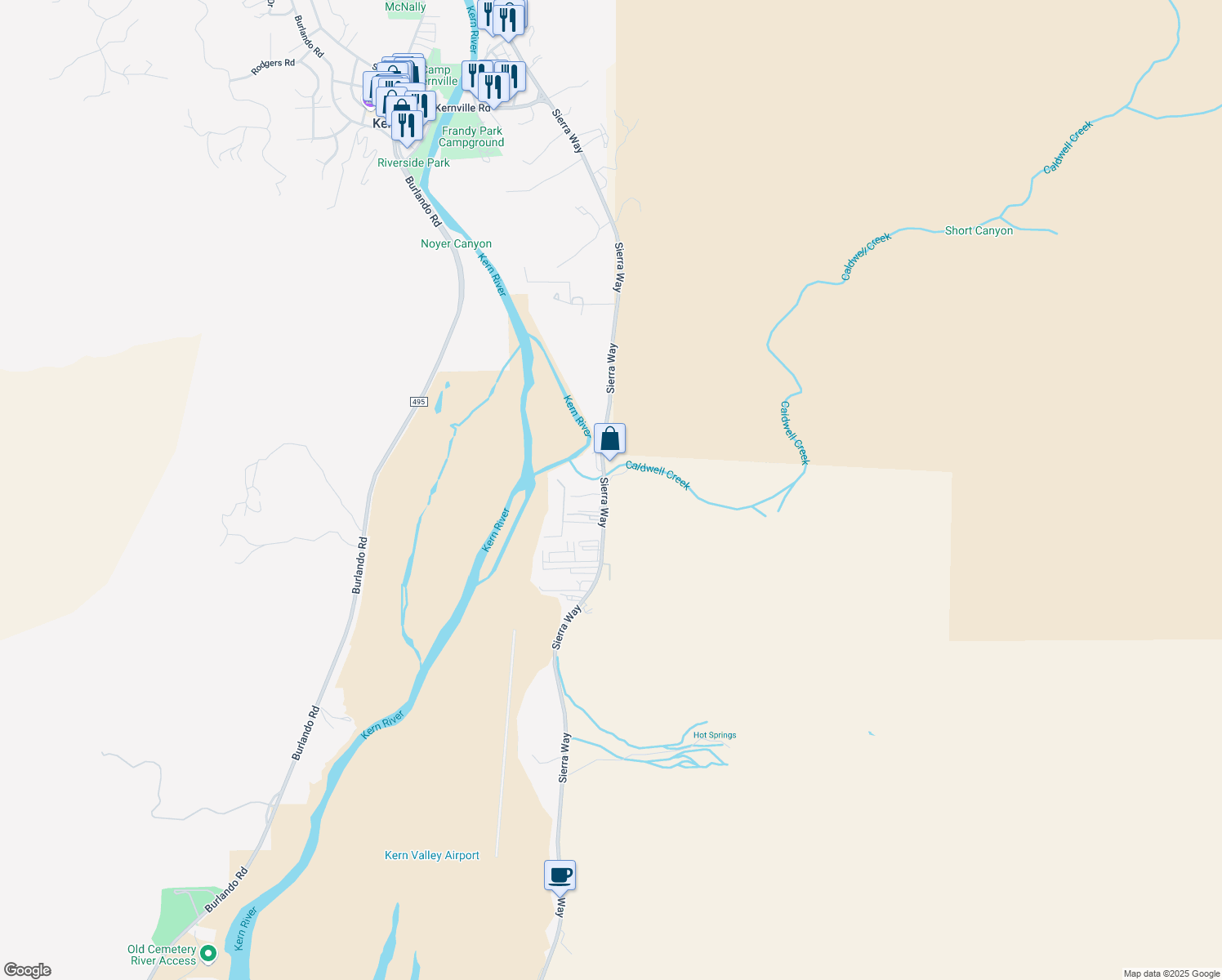 map of restaurants, bars, coffee shops, grocery stores, and more near 12036 Sierra Way in Kernville