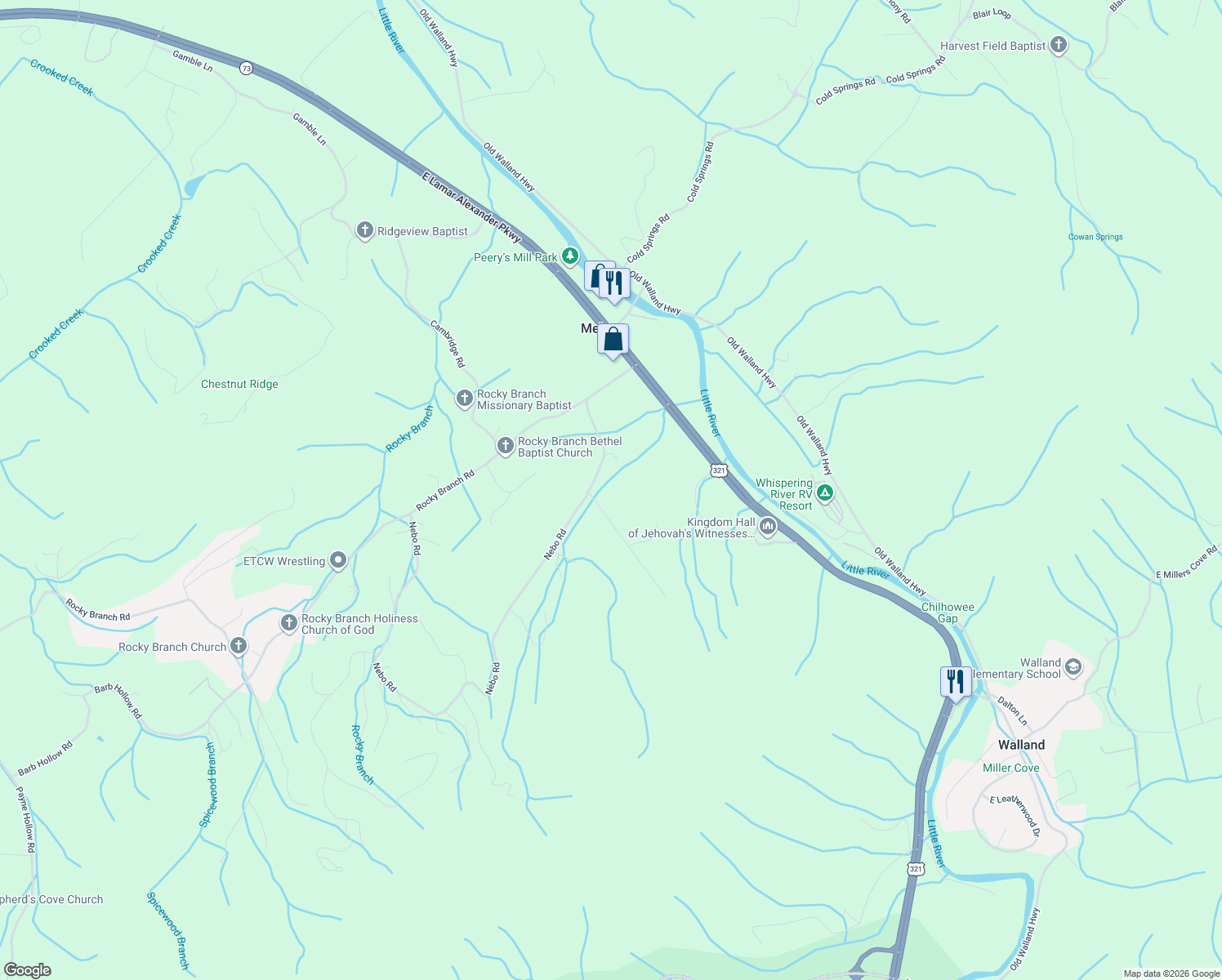 map of restaurants, bars, coffee shops, grocery stores, and more near 713 Charles Young Road in Walland