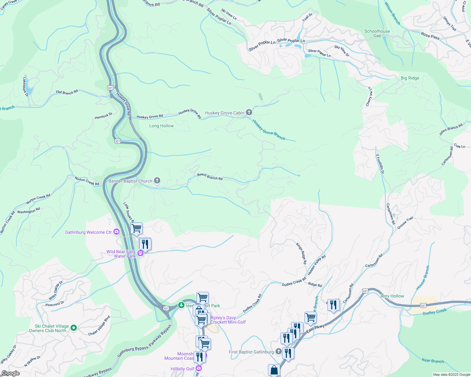 map of restaurants, bars, coffee shops, grocery stores, and more near 1157 East Kings Ridge Road in Gatlinburg
