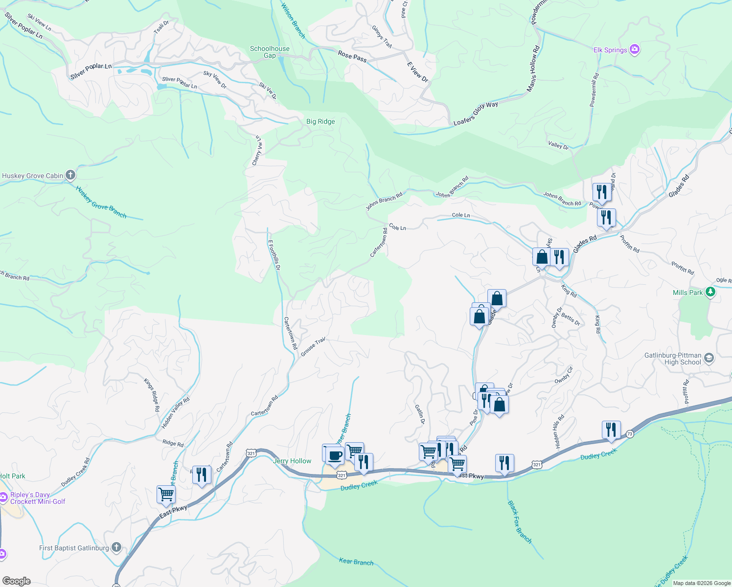 map of restaurants, bars, coffee shops, grocery stores, and more near 960 High Mountain Way in Gatlinburg