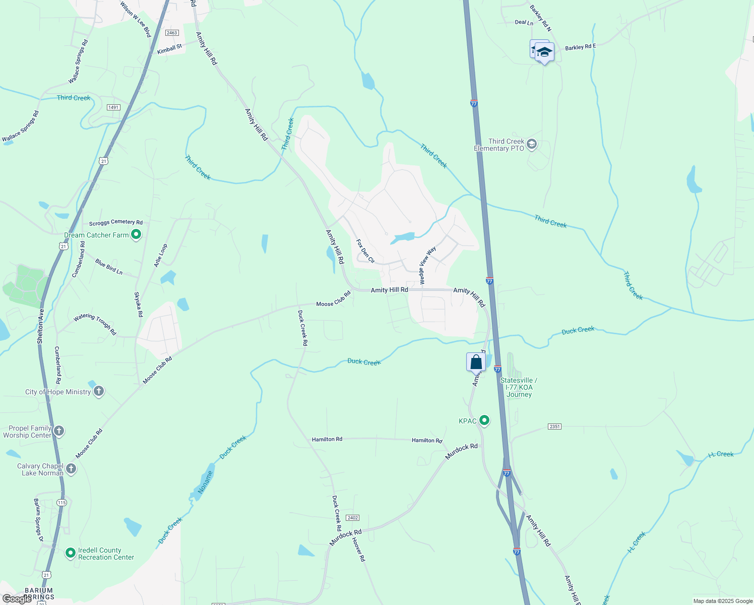 map of restaurants, bars, coffee shops, grocery stores, and more near 2516 Amity Hill Road in Statesville