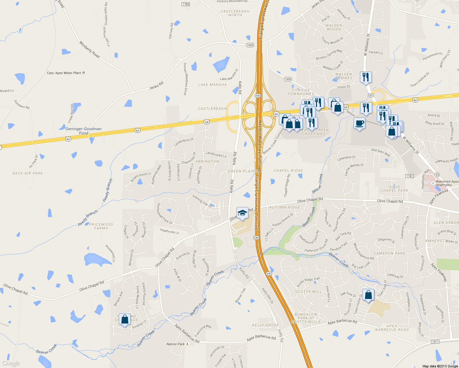map of restaurants, bars, coffee shops, grocery stores, and more near 526 Kellyridge Drive in Apex